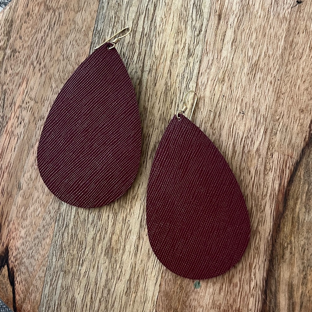 Maroon Teardrop Leather Earrings 3”